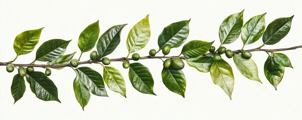 ripe coffee beans growing on a branch with lush green leaves, symbolizing naturea??s harvest.