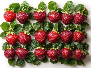 Perfectly ripe red strawberries with fresh green leaves on white background