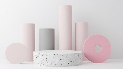 Wall Mural - pastel pink and grey cylinders and circles on white background.