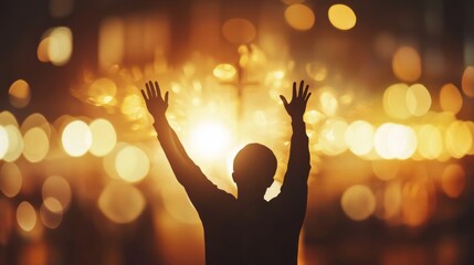 Worship God concept: Silhouette christian people hand rising over blurred cross on spiritual light background