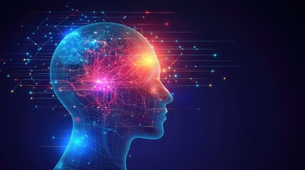 Poster - Abstract humanoid robot head with smooth, glowing neural circuits and metallic textures in a modern gradient design
