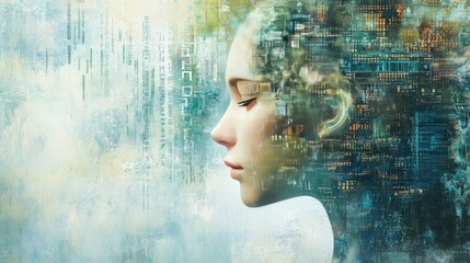 Poster - Abstract technology background with AI elements like binary codes, D grids, and a futuristic holographic interface in soft colors