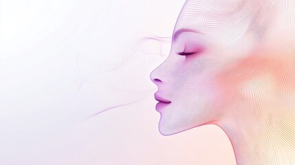 Poster - An abstract face formed from smooth, glowing lines in pastel tones, symbolizing serenity, placed on a light, clean background with ample copy space