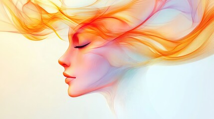 Poster - An abstract face formed from smooth, glowing lines in pastel tones, symbolizing serenity, placed on a light, clean background with ample copy space