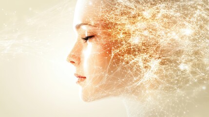 Poster - An artistic rendering of a face formed from light, floating lines and geometric patterns, creating a sense of mystery, placed on a soft gradient background