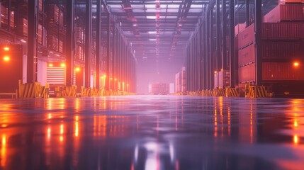 Poster - A clean view of shipping docks with futuristic glowing accents and wide open spaces, emphasizing global trade concepts