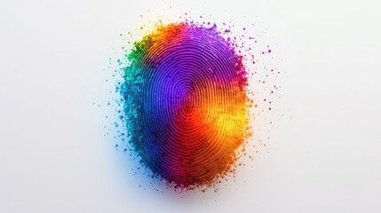 Poster - A colorful glowing fingerprint surrounded by holographic effects, representing modern technology, set on a clean white background