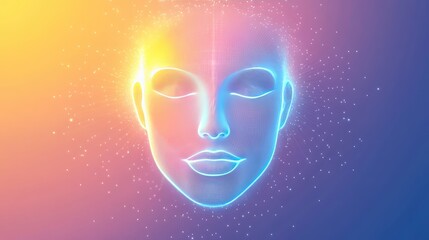 Poster - A digital, minimalistic face outline surrounded by light, symbolizing modern design and serenity, placed on a light gradient background