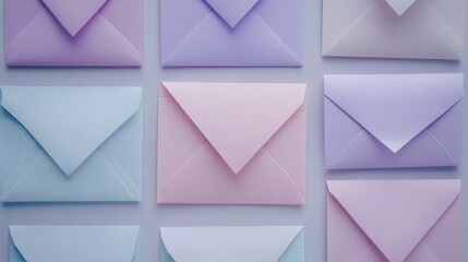 Poster - A flat lay of blank envelopes in pastel shades, arranged symmetrically on a neutral background with ample copy space