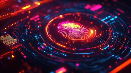 Poster - A high-tech fingerprint scanner interface glowing brightly, surrounded by abstract holographic effects, set on a dark background