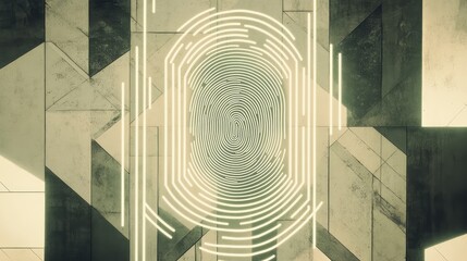 Poster - A minimalistic digital fingerprint icon glowing softly, surrounded by tech-inspired geometric patterns, on a clean neutral background
