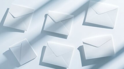 Poster - A minimalist flat lay of blank envelopes and cards arranged on a clean white surface, surrounded by soft shadows and ample copy space