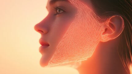 Poster - A simple digital face in glowing light, representing technology and identity, set against a soft gradient background with ample space for text