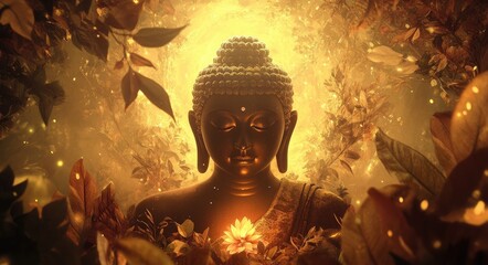 Wall Mural - A Buddha figure surrounded by a glowing golden light, with blue butterflies and green leaves in the background