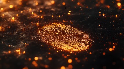 Wall Mural - A single golden fingerprint surrounded by light particles, symbolizing uniqueness and innovation, set on a black gradient background with empty space