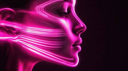Poster - A smooth digital face outline made from glowing neon lines, representing modern technology, placed on a soft dark background with copy space
