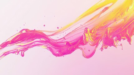 Poster - Bright neon pink and yellow ink clouds forming vibrant patterns in water, creating dynamic movement on a clean gradient background