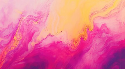 Poster - Bright neon pink and yellow ink clouds forming vibrant patterns in water, creating dynamic movement on a clean gradient background