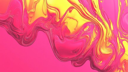 Poster - Bright neon pink and yellow ink clouds forming vibrant patterns in water, creating dynamic movement on a clean gradient background