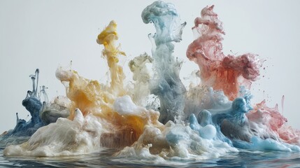 Poster - Colorful ink clouds colliding in water, forming bold abstract patterns against a bright white background with empty space