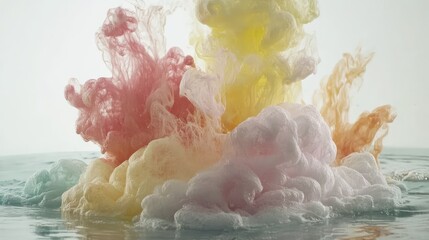 Poster - Colorful ink clouds colliding in water, forming bold abstract patterns against a bright white background with empty space