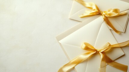 Poster - Elegant flat lay of blank envelopes tied with a ribbon, placed on a light pastel surface with ample copy space