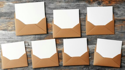 Poster - Elegant presentation of blank envelopes and cards on a rustic table with subtle natural tones and clean composition