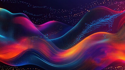 Poster - Futuristic geometric patterns with glowing light textures and dynamic AI-inspired waveforms in a vibrant design