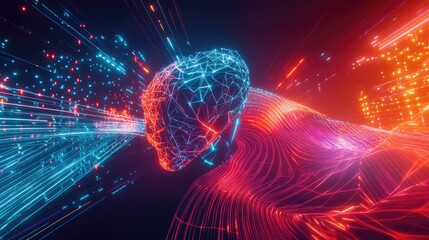 Poster - Futuristic glowing AI-inspired graphics with smooth wave patterns and vibrant geometric designs on a clean background
