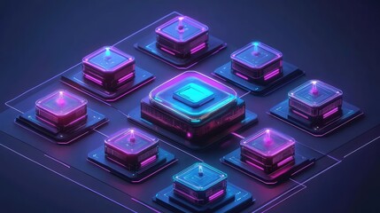Poster - Futuristic glowing AI circuits with dynamic geometric patterns and vibrant textures on a sleek gradient backdrop