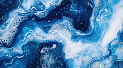 Poster - Gentle blue and white ink blending in water, forming soft swirls with a clean and elegant abstract background