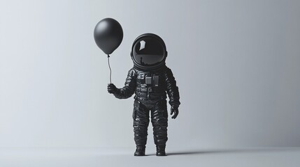 Wall Mural - monochrome astronaut holding a black balloon against a white background.