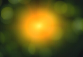 Poster - Abstract Bokeh Background with Warm Sunlight Flare. This image features a soft-focus bokeh effect with a warm orange-yellow central light source that seems like sunlight
