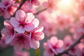 Wall Mural - Sunlit cherry blossoms, vibrant petals, soft light, serene, nature