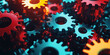 © Taskmanager - A vibrant arrangement of red and blue gears in motion represents teamwork, collaboration, mechanics, and industrial innovation.