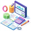 © Pornnapha - Colorful Isometric Workspace with Graphs, Documents, Calculator, and Pie Chart for Business and Finance Analysis