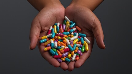 Close-up of hands pouring a handful of colorful capsules into an open palm. Focus on the texture and vibrant colors of the capsules.