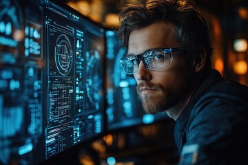 Poster - Focused individual working with advanced technology and data displays