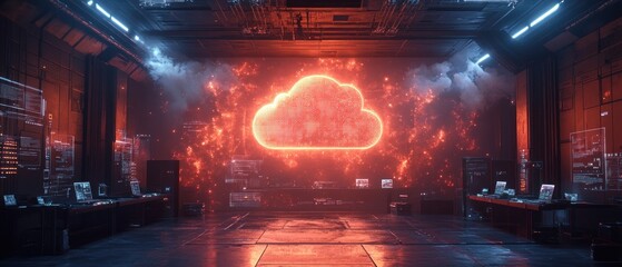 Poster - Futuristic high-tech room featuring glowing cloud symbol against digital backdrop