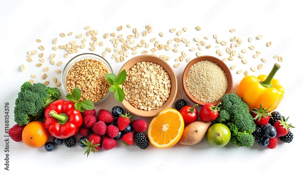 High-fiber foods including whole grains, fruits and vegetables, rich in ...