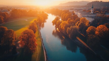 Wall Mural - A serene sunset over a river, surrounded by trees and buildings, showcasing natural beauty.