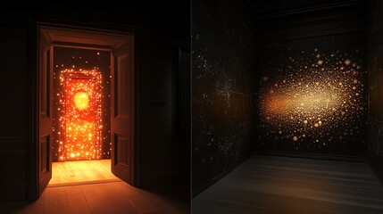 Wall Mural - a dark room reveals a glowing portal and starry wall.