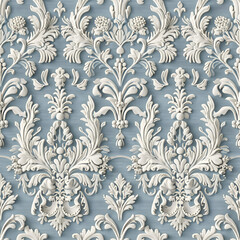 Seamless damask pattern in elegant ivory and blue colors on a textured background
