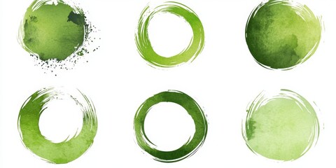 Aufkleber - Six abstract green watercolor circles, some filled, others ringed.