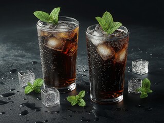 Two glasses of cola with ice and mint on dark background.