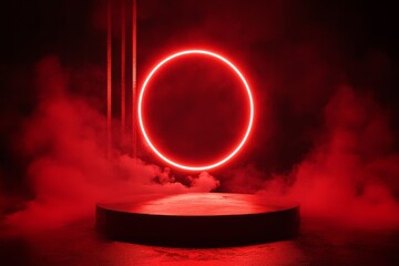 Canvas Print - Red neon circle backdrop with smoky platform.