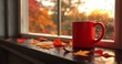 © adri - Red mug of hot drink on windowsill with autumn leaves and rain. (3)