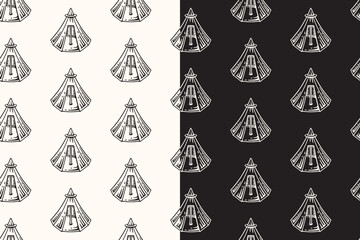 doodle ridge tent seamless pattern on black white background for camping adventure merchandise. retr
