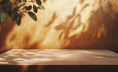 Wall Mural - Wooden table with leaf shadows on a yellow wall.