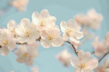 Wall Mural - delicate pale pink cherry blossoms on a branch against a soft blue sky.